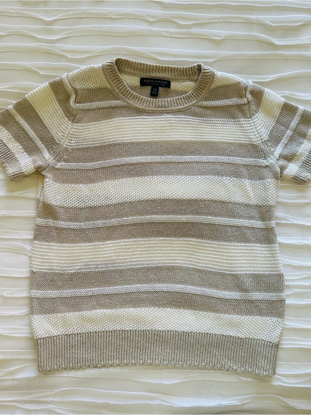 Banana Republic Linen Short-Sleeve Striped Sweater - Beige & Cream